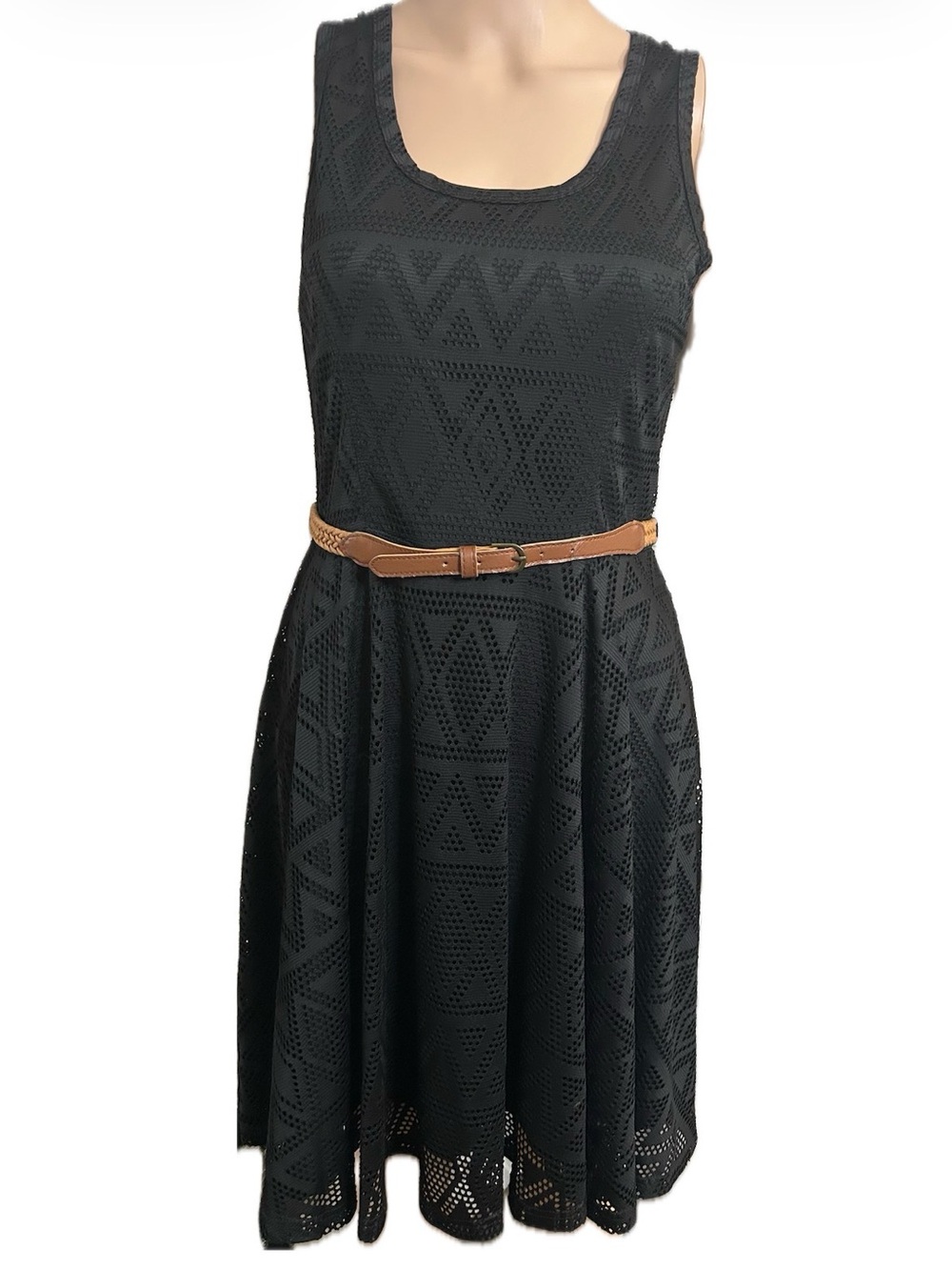 No Boundaries Black Eyelet Fit & Flare Dress with Brown Belt